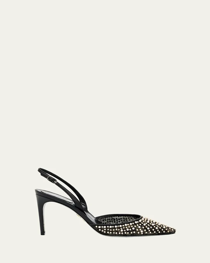 Pearly Stud Lace Slingback Pumps