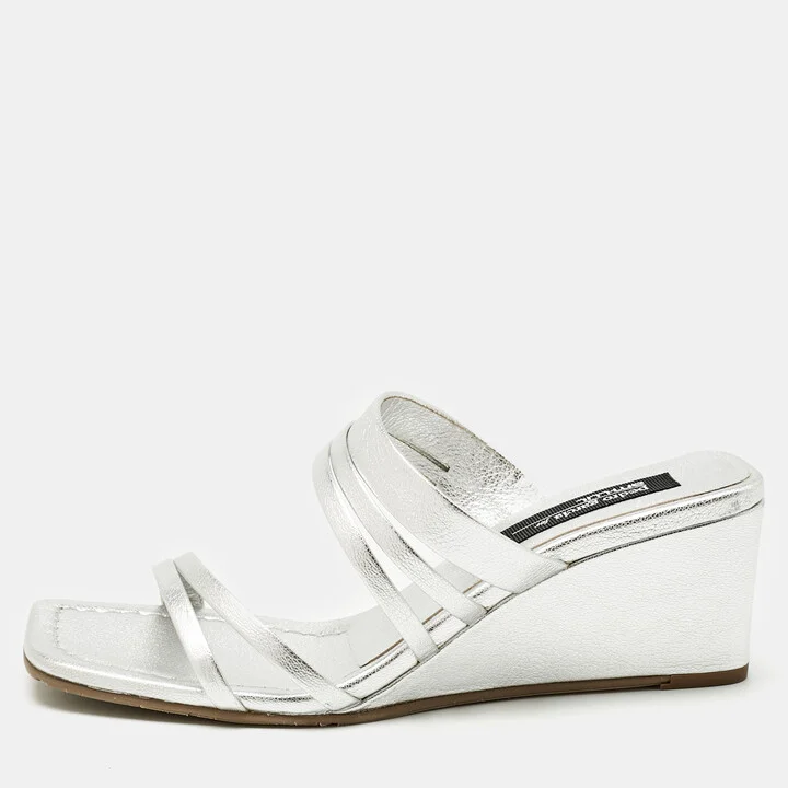 Pedro Garcia Silver Leather Barbaria Wedge Sandals Size 38
