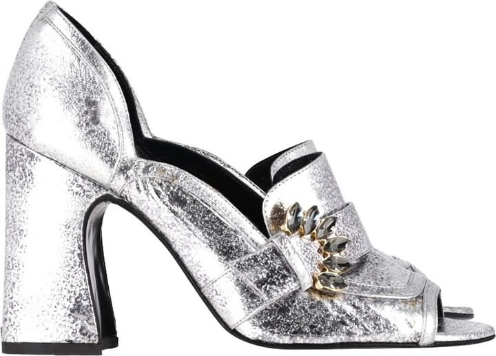 Peep Toe Block Heel Sandals in Silver Leather