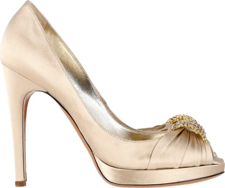 Peep Toe Embellished Platform Pumps in Gold Satin
