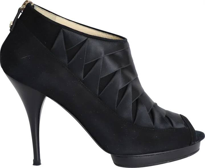Peep-Toe Platform Boots in Black Satin