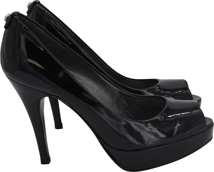 Peep-Toe Platform Pumps in Black Patent Leather
