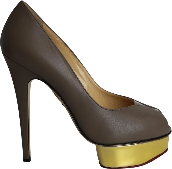 Peep-Toe Platform Pumps in Grey Leather