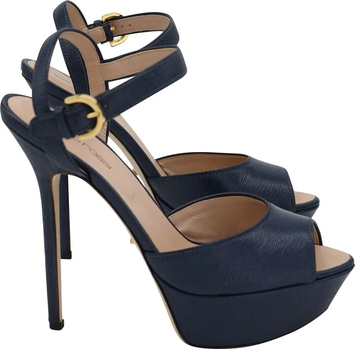 Peep-toe Platform Sandals in Navy Blue Patent Calf Leather
