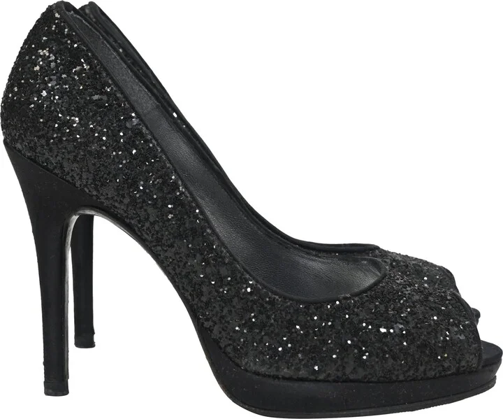 Peep-Toe Pumps in Black Glitter