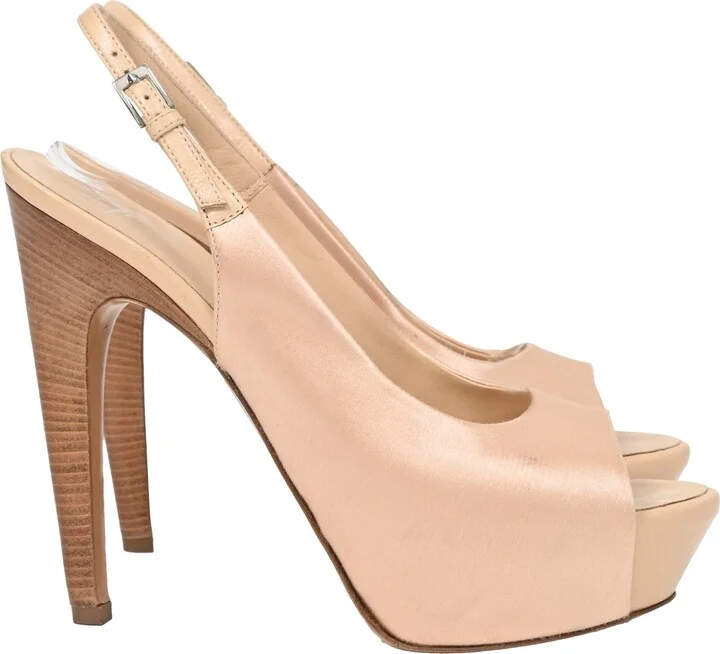Peep-Toe Slingback Heels in Nude Pink Satin