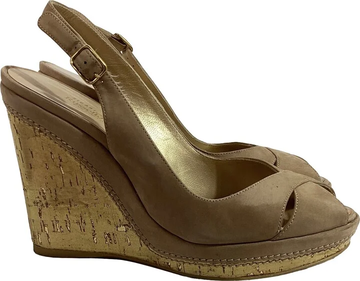 Peep-Toe Slingback Wedge Pumps in Brown Suede