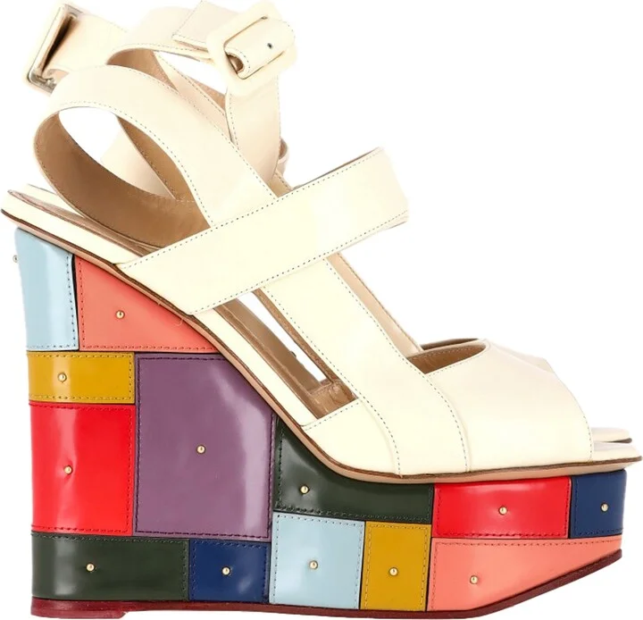 Peep-Toe Wedge Sandals in Multicolor Leather
