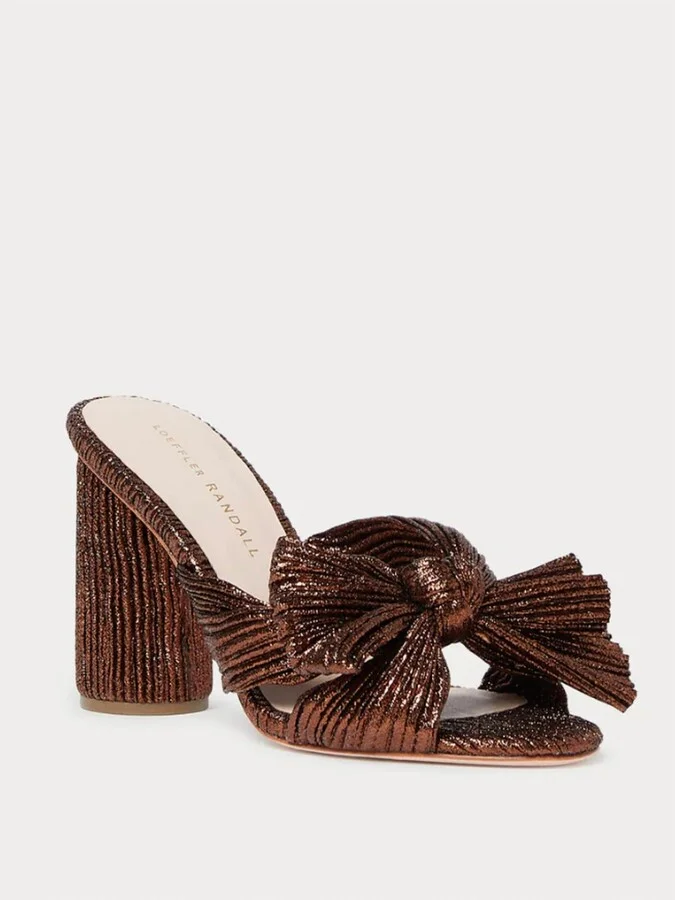 Penny Metallic Lamé Block-Heel Mules In Mocha