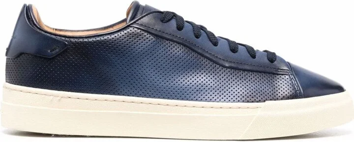 Perforated Blue Leather Trainers With Rubber Sole