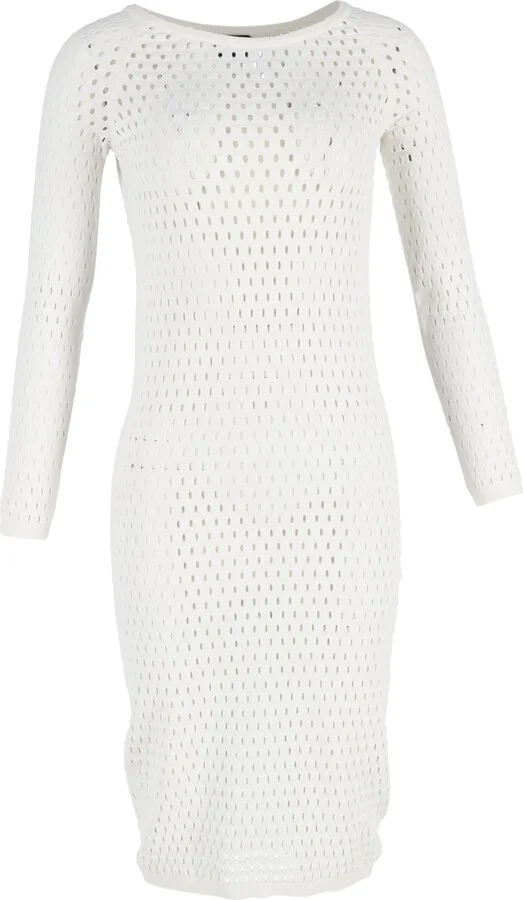Perforated Fitted Midi Dress in White Viscose