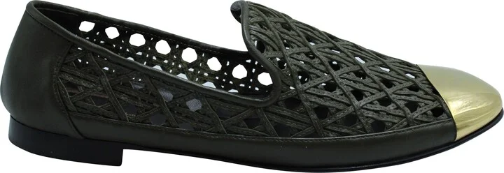 Perforated Flats with Gold Captoe in Green Leather