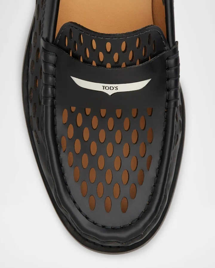 Perforated Leather Driver Penny Loafers - Image 10