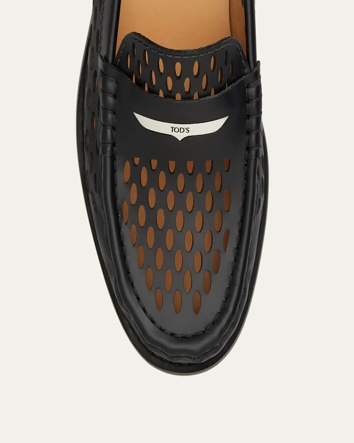 Perforated Leather Driver Penny Loafers - Image 2