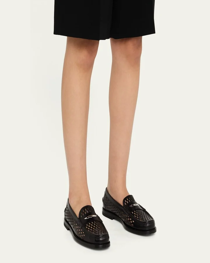 Perforated Leather Driver Penny Loafers - Image 4