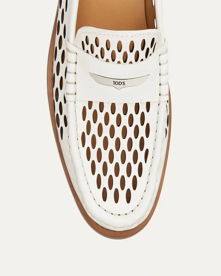 Perforated Leather Driver Penny Loafers - Image 4