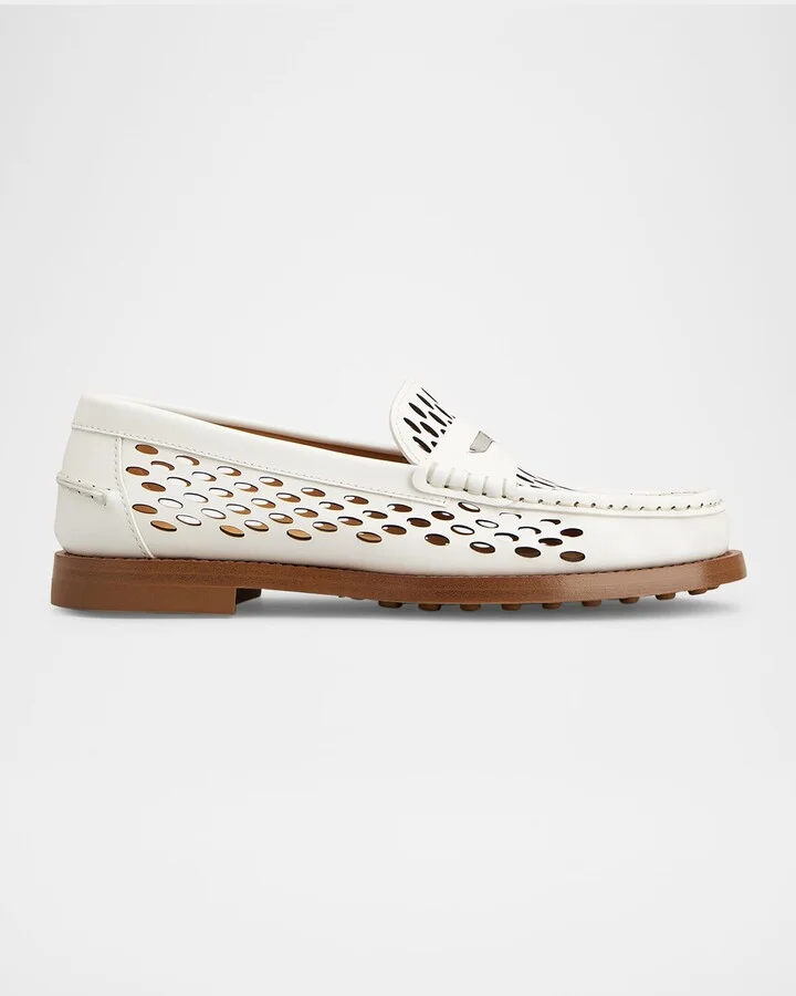 Perforated Leather Driver Penny Loafers
