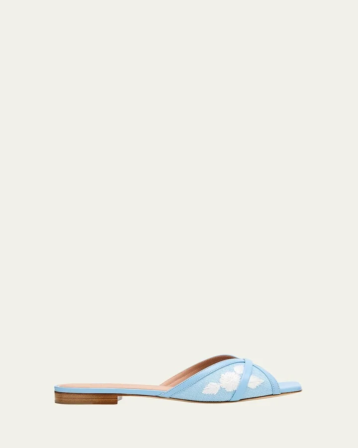 Perla Raffia Leather Flat Slide Sandals