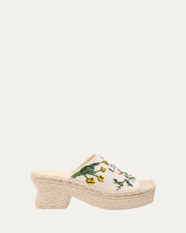 Petal Floral Embroidered Espadrille Platform Mules