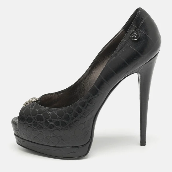 Philipp Plein Black Croc Embossed Leather Skull Peep Toe Platform Pumps Size 38