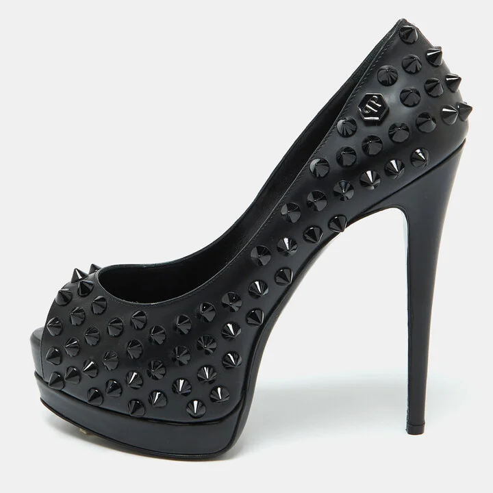 Philipp Plein Black Leather Studded Peep Toe Platform Pumps Size 38