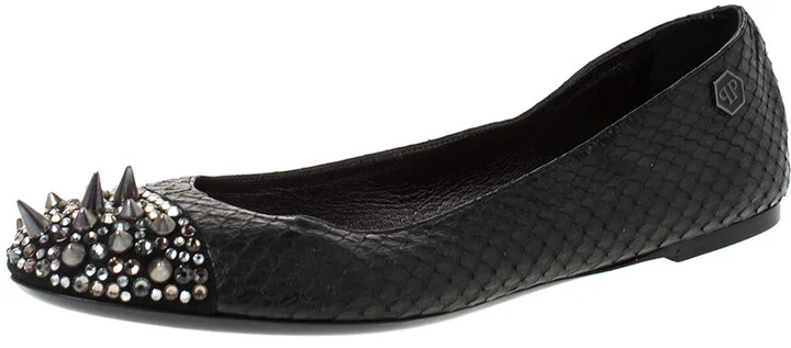Philipp Plein Black Python Spike Ballet Flats Size 38.5