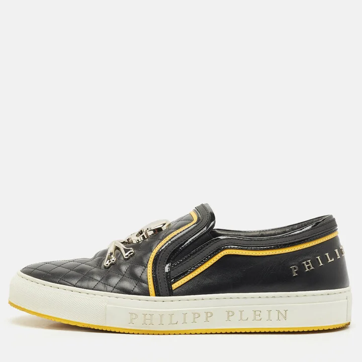 Philipp Plein Black Quilted Leather Skull Slip On Sneakers Size 44