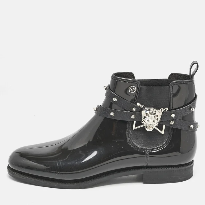 Philipp Plein Black Rubber Marguerite Ankle Boots Size 40