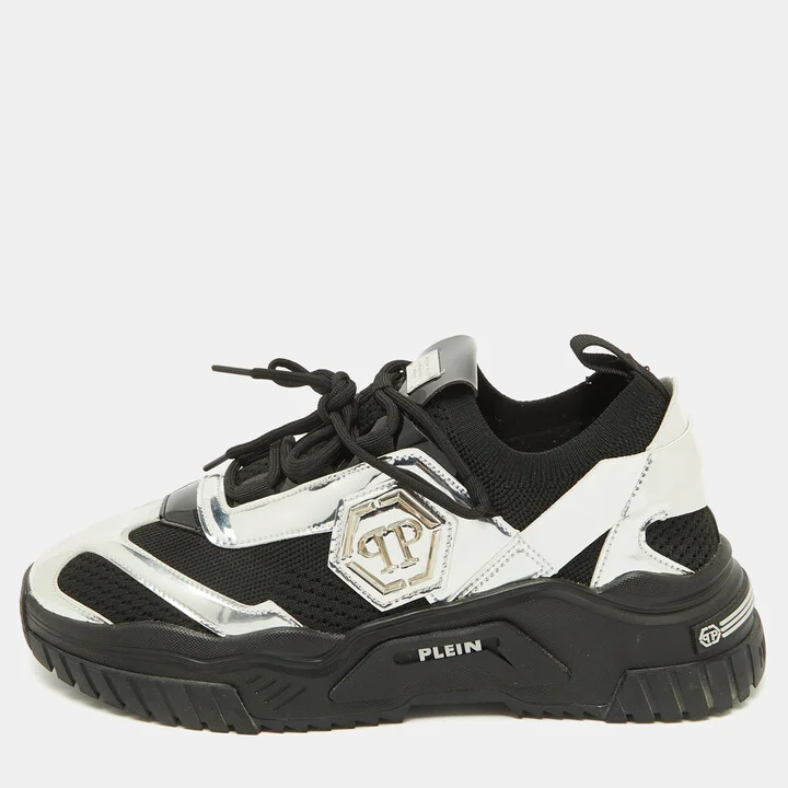 Philipp Plein Black/Silver Patent Leather and Knit Fabric Low top Sneakers Size 43