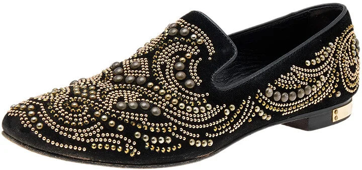 Philipp Plein Black Suede Embellished Smoking Loafers Size 37