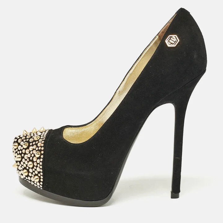 Philipp Plein Black Suede Spike Embellished Platform Pumps Size 37