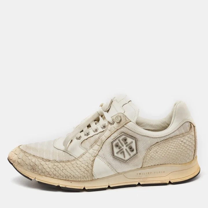 Philipp Plein Cream Python Embossed and Leather Lace Up Sneakers Size 45