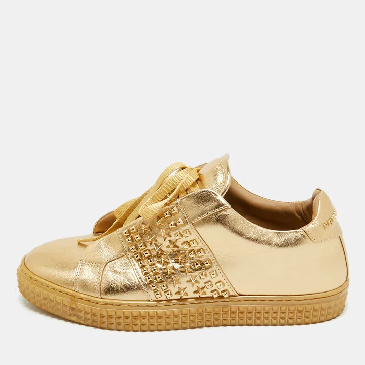 Philipp Plein Gold Leather Spike Studded Sneakers Size 38
