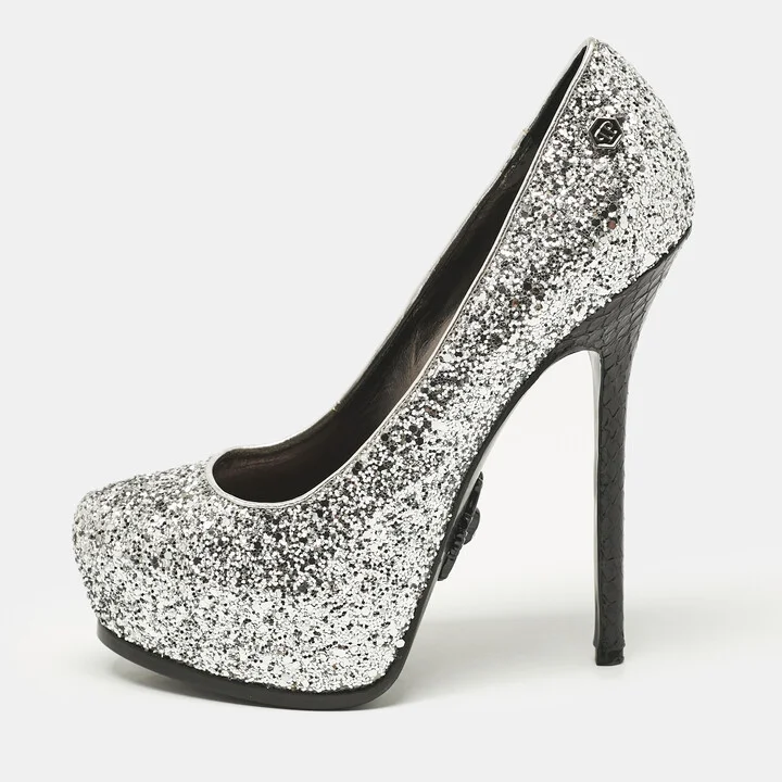 Philipp Plein Silver/Black Glitter and Python Platform Pumps Size 37