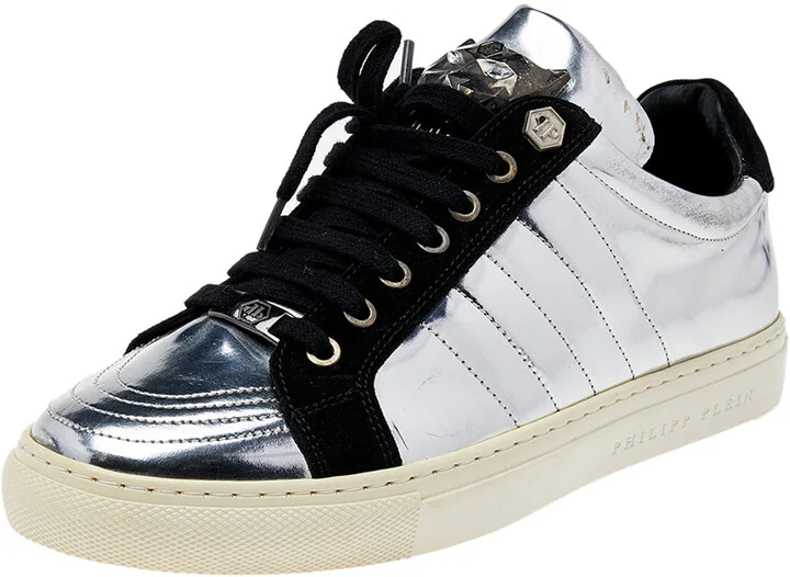 Philipp Plein Silver /Black Leather And Suede Low Top Sneakers Size 41
