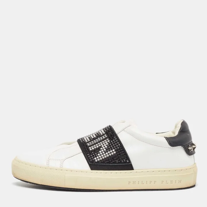 Philipp Plein White/Black Leather Crystal Embellished Sneakers Size 35