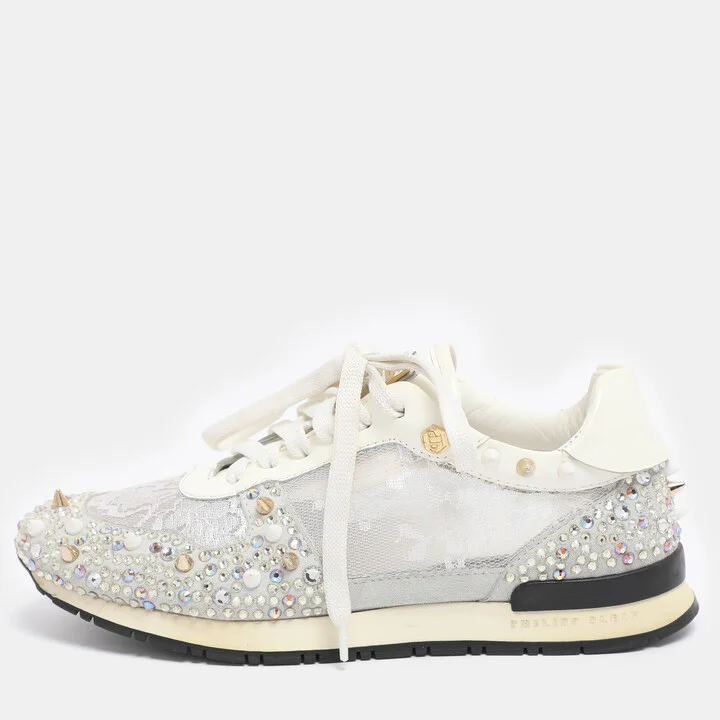 Philipp Plein White Lace and Leather Sanna Embellished Low Top Sneakers Size 36.5