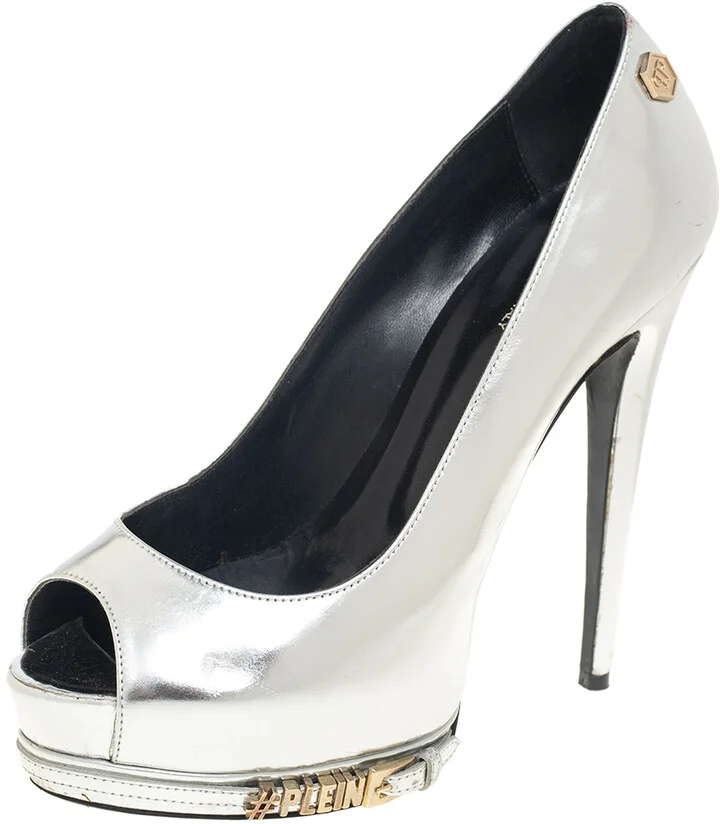 Phillip Plein Silver Leather Peep Toe Buckle Detail Platform Pumps Size 38