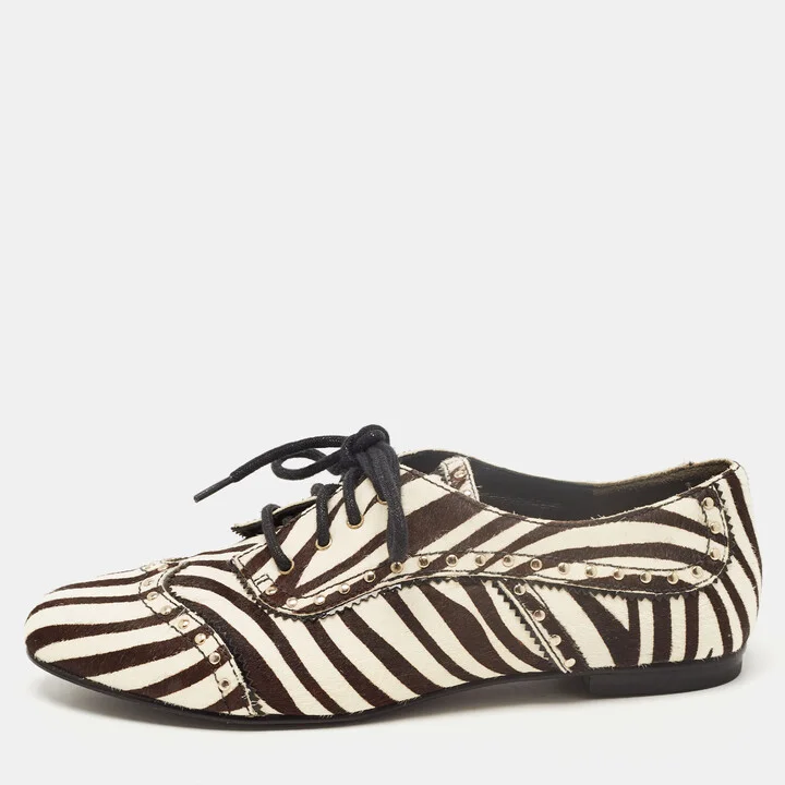 Pierre Balmain Black/ White Zebra Print Pony Hair and Leather Studded Lace Up Oxfords Size 37