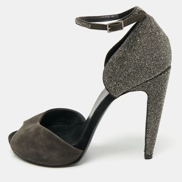 PIERRE HARDY Black Glitter and Suede Peep Toe Ankle Strap Sandals Size 39.5