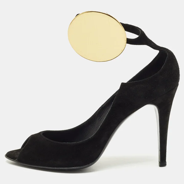 PIERRE HARDY Black Suede Peep Toe Ankle Strap Pumps Size 40