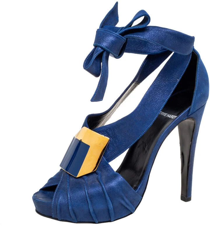Pierre Hardy Blue Laminated Suede Buckle Ankle-Tie Sandals Size 38