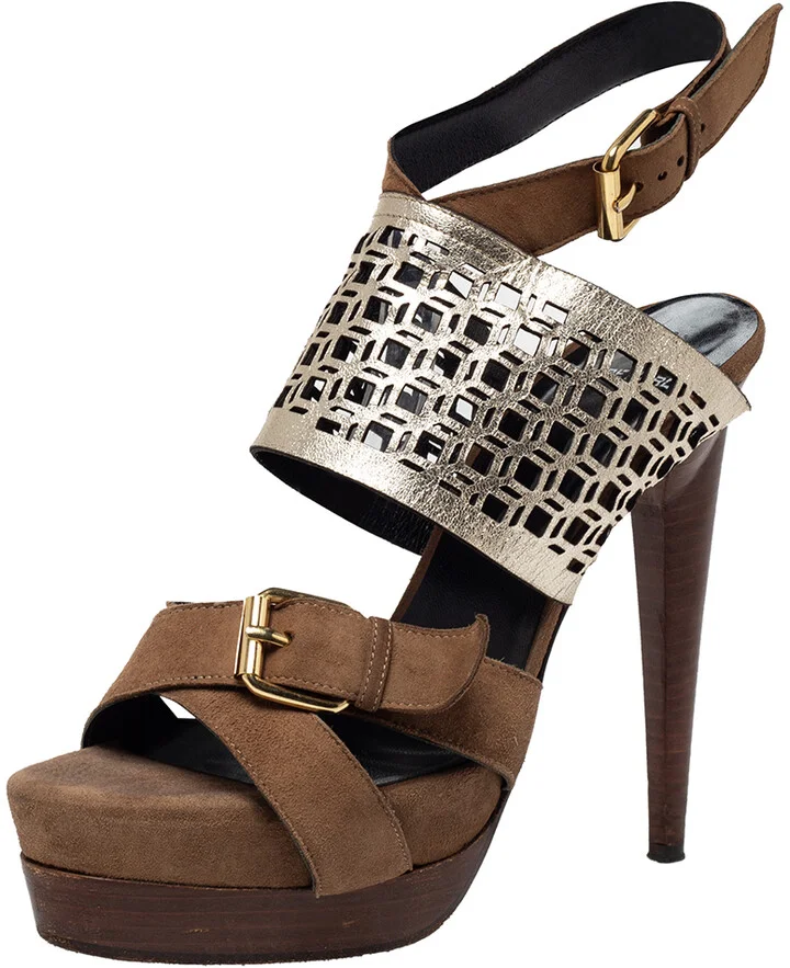Pierre Hardy Brown Suede and Metallic Cut Out Leather Platform Slingback Sandals Size 39