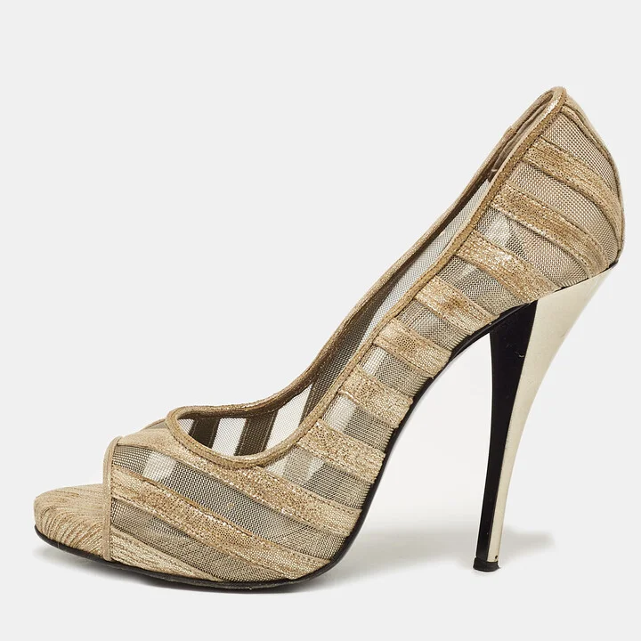 PIERRE HARDY Gold Mesh and Suede Peep Toe Pumps Size 37