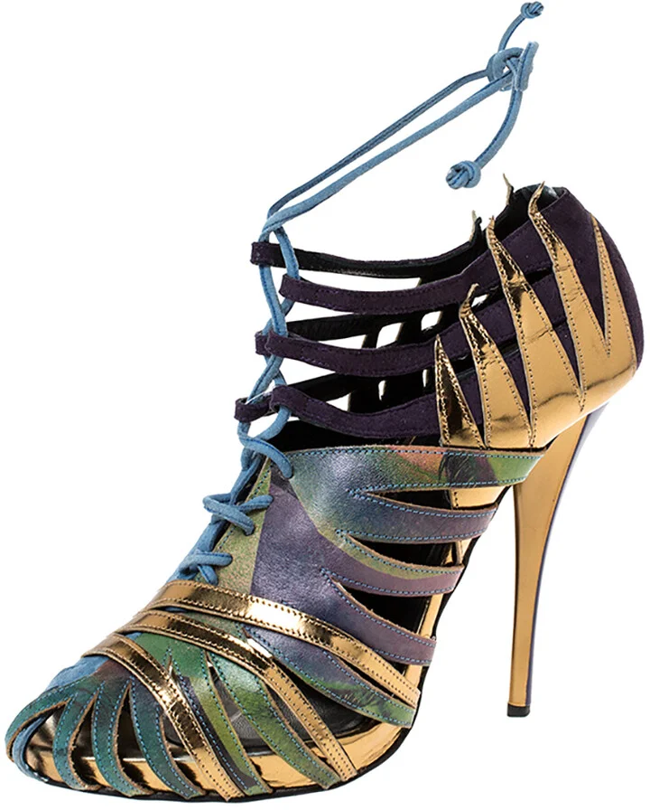 Pierre Hardy Multicolor Suede and Printed Leather Cut Out Booties Size 37