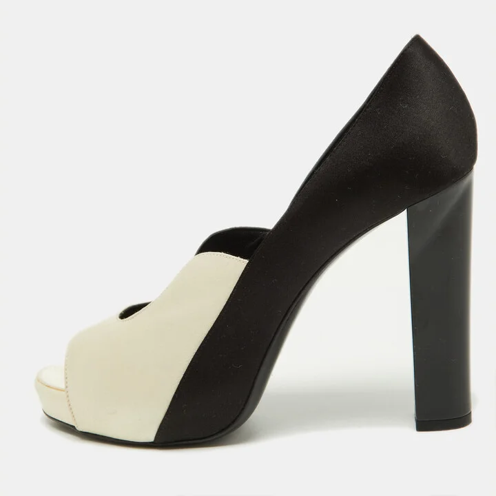 Pierre Hardy White/Black Satin Peep Toe Pumps Size 38.5
