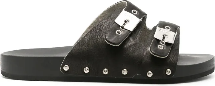 Pin-Straps Wood-Sole Leather Slides