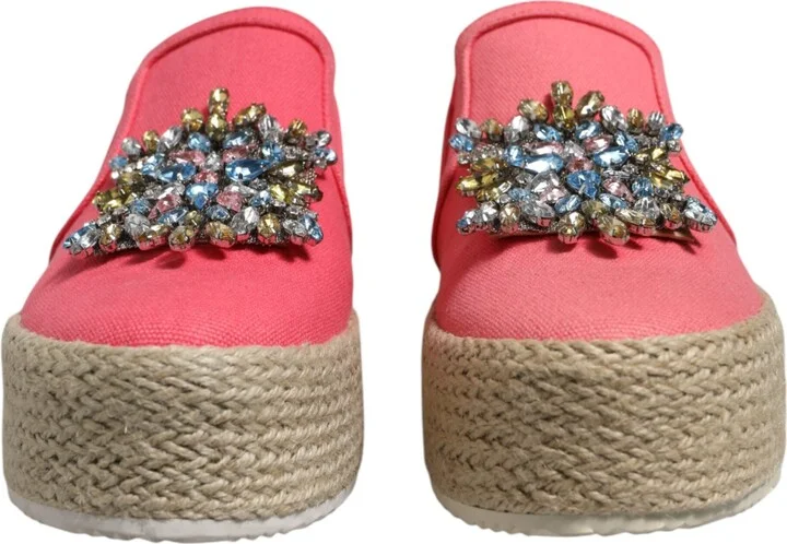Pink Canvas Crystal Embellished Slip On Women's Shoes - Image 2