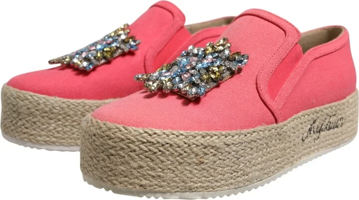 Pink Canvas Crystal Embellished Slip On Women's Shoes - Image 3