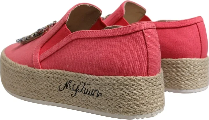 Pink Canvas Crystal Embellished Slip On Women's Shoes - Image 4